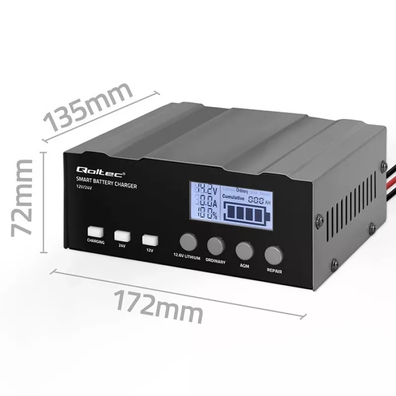 Carregador de baterias QOLTEC 52491 microprocessador 12V/12,6V/24V com LCD