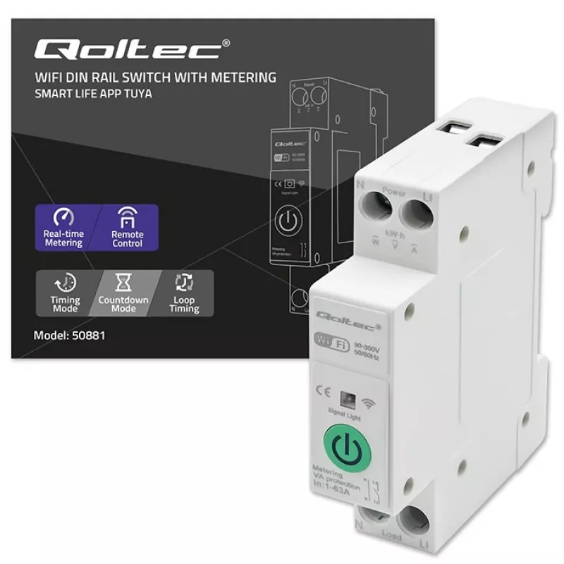 Relé Wi-Fi para calha DIN QOLTEC 50881 — Relé de comutação de rede 63A para instalações elétricas