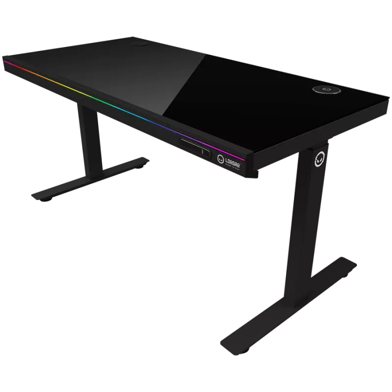 Secretária gaming de altura ajustável com dois motores, função sentado/em pé, carregador sem fios, iluminação RGB, painel de controlo e portas USB, tampo em vidro temperado, preto