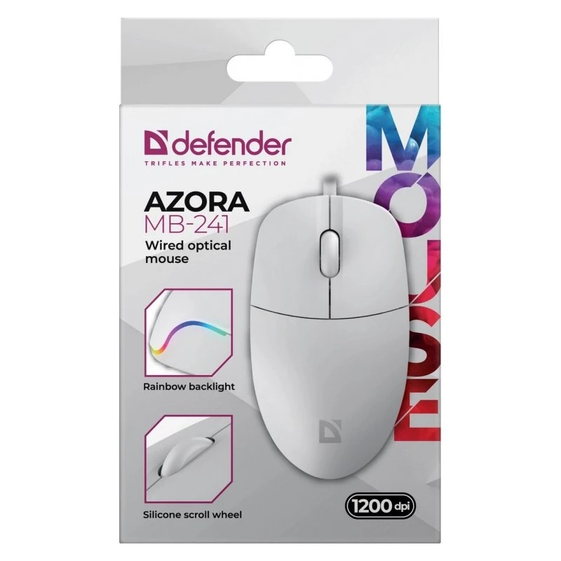Rato com fios DEFENDER AZORA MB-24 — rato ótico USB ambidestro, 1200 dpi, 3 modos de resolução, branco, 109×86×34 mm