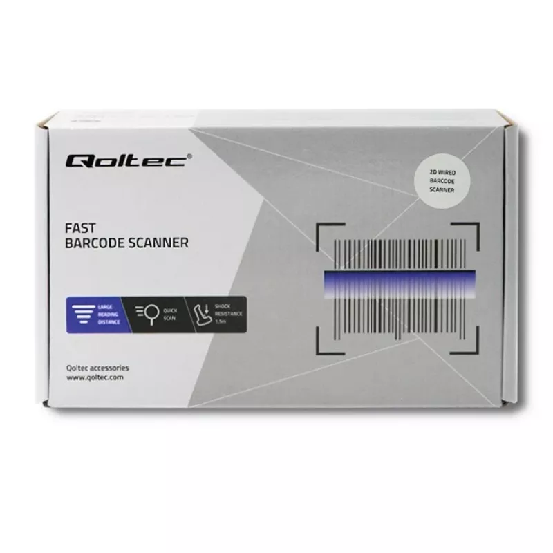 Leitor de códigos de barras manual QOLTEC 50863 — leitor 1D/2D, USB com fios, sensor LED, preto, 5V, cabo de 1,8 m