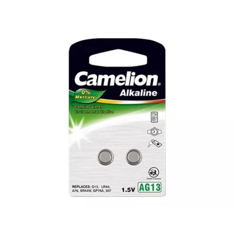 Pilha botão CAMELION AG13 / LR44 / 357 alcalina, 1,5 V — pack de 2