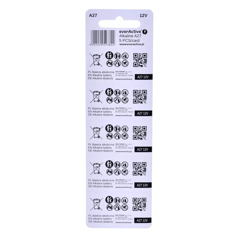 everActive 27A5BL pilha alcalina 27A 12 V, blister de 5 unid., 7,6 x 27,3 mm