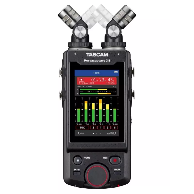 Gravador de áudio multipista portátil Tascam Portacapture X8 — 6 canais, 24/32 bits, até 96 kHz, 4 entradas combo XLR/TRS, cartão SD, USB-C, pilha ou fonte de alimentação