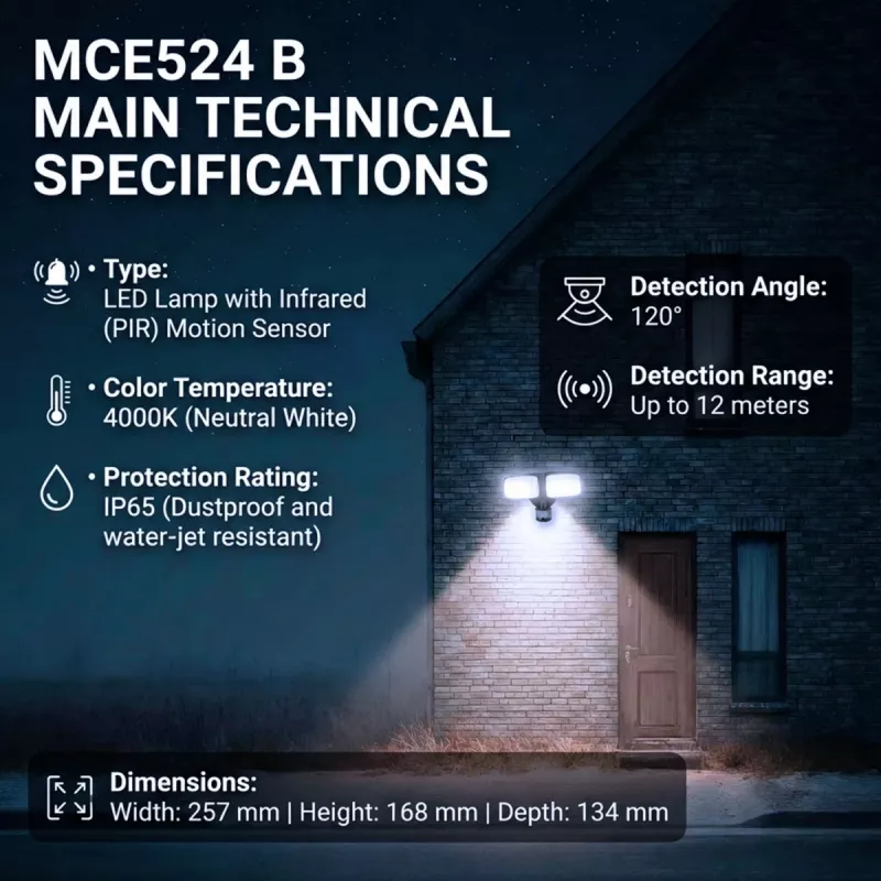 Aplique de parede LED MACLEAN MCE524 com detetor de movimento PIR, modelo MCE524 B