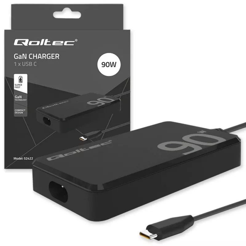 Carregador de parede Qoltec 90W GaN Super Fast SLIM | XP | 5-20V | 4,5A | USB-C 3.1 | Portátil | MacBook | Smartphone | + cabo