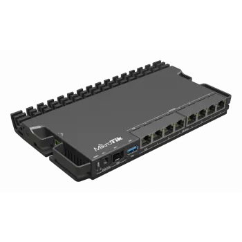 Router com fios MikroTik RB5009UPR+S+IN — 8x portas RJ-45 PoE, 2,5GbE, slot SFP+, RouterOS