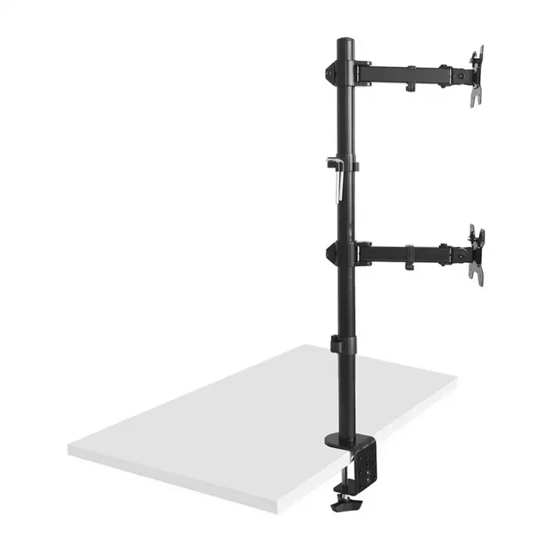 Suporte de secretária Maclean MC-967 para dois monitores em vertical, suporte de ecrã VESA máx. 100x100, 13-27, 2x 9 kg, revestimento em pó, inclinável, rotativo, ajustável