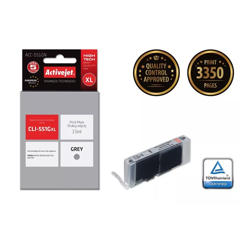 Cartucho de tinta ActiveJet ACC-551GN — compatível Canon CLI-551GXL, cinzento, High (XL) 15 ml
