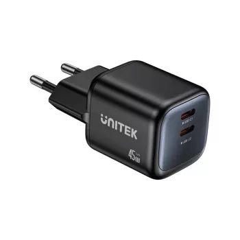 Carregador de parede Unitek 2x GaN 45W — 2× USB‑C PD 3.0 e carregamento rápido QC