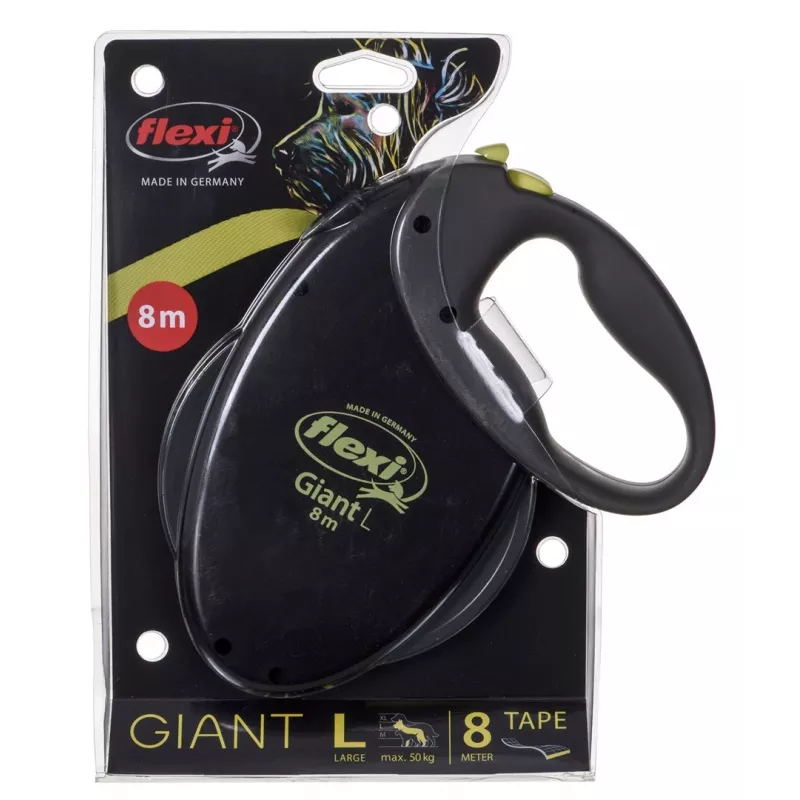 flexi Giant L trela extensível para cães, fita de 8 m, preto/amarelo