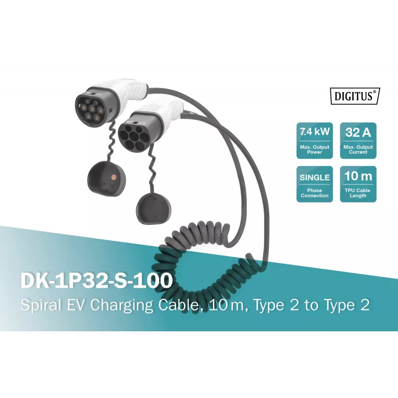 Cabo de carregamento EV em espiral Digitus 10 m Type 2 para Type 2 32 A 240 V