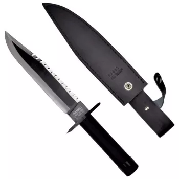 Faca de sobrevivência de lâmina fixa clássico de cinema Rambo I CC-H1 – 360 mm total, lâmina de aço serrada 225 mm, bainha de couro preta