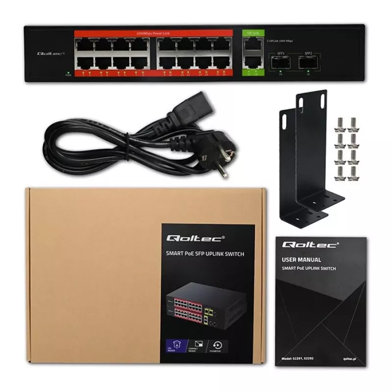 Switch de rede QOLTEC 52292 — Gigabit Ethernet PoE, 16x RJ45, 2x RJ45 uplink, 2x SFP