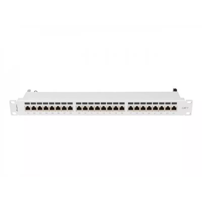 Painel de ligações Lanberg PPS7-1024-S de 19 polegadas 1U, 24 portas, Cat7, FTP blindado, cinzento