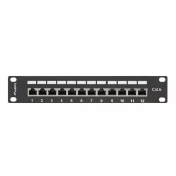 Patch panel LANBERG PPF6-9012-B — 12 portas RJ45, metal, preto, 1U (215×44,5×130 mm)