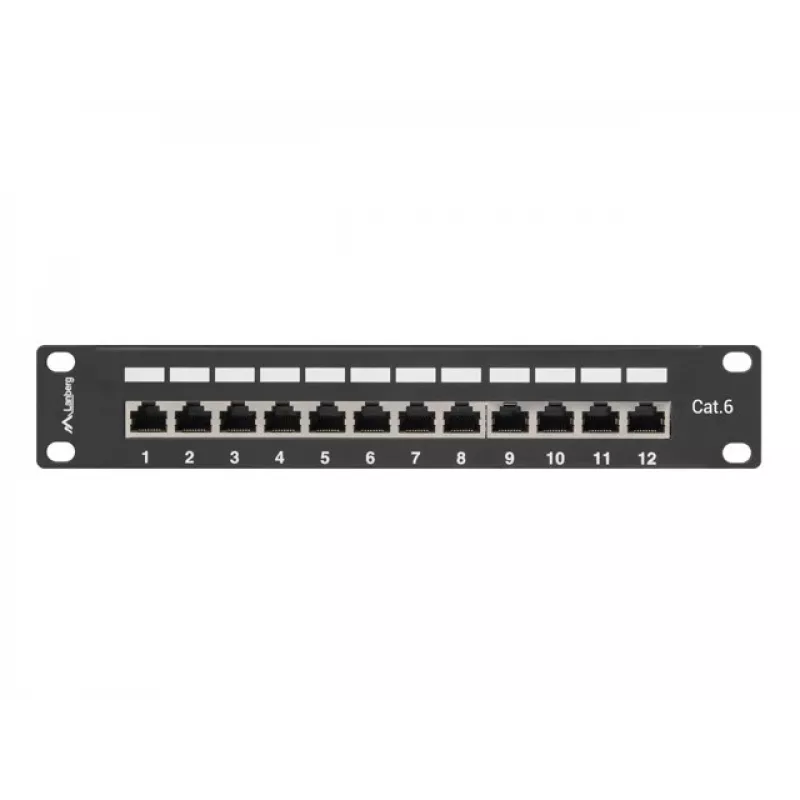 Patch panel LANBERG PPF6-9012-B — 12 portas RJ45, metal, preto, 1U (215×44,5×130 mm)