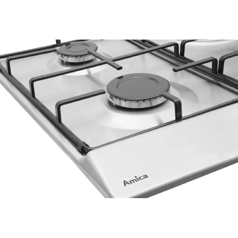 Placa de fogão encastrável Amica PGA6100BpR, 4 queimadores a gás, controlo mecânico, aço inoxidável