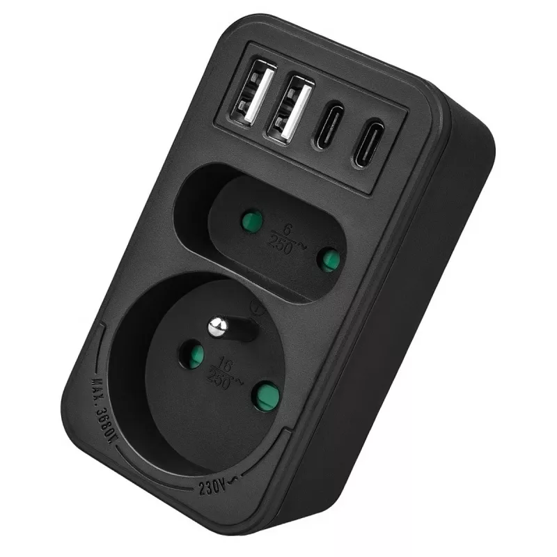 Power Splitter MACLEAN MCE249 F/B – 2 tomadas AC (16A + 6A) com 2×USB-A e 2×USB-C PD 20W, ficha EU, preto