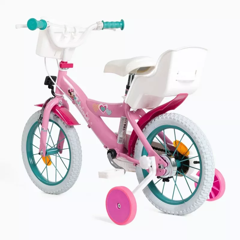 Bicicleta infantil HUFFY 24951W Minnie, rodas de 14 polegadas, quadro em aço, pneus pneumáticos, travões de aro dianteiro/traseiro, rodas de apoio