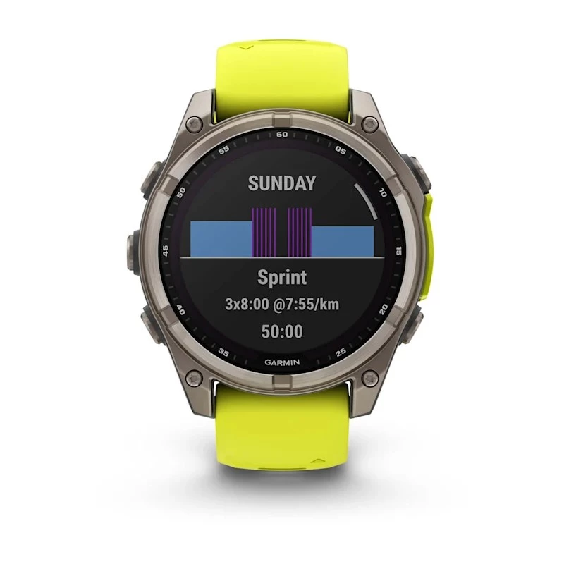 Garmin fenix 8 Solar Sapphire 47 mm relógio inteligente GPS, ecrã tátil de 3,3 cm (1,3") 260 x 260, Wi-Fi, titânio, bracelete de silicone amarela/grafite, amarelo