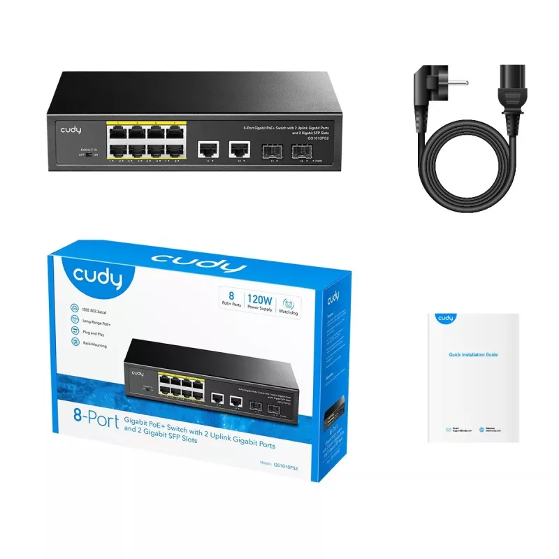 Switch de rede Cudy GS1010PS2 não gerido Gigabit Ethernet (10/100/1000) Power over Ethernet (PoE) preto