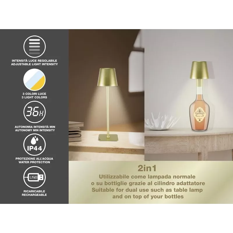Beper P201UTP116 candeeiro de mesa LED recarregável, 1,5 W, interruptor tátil, regulável, adaptador para garrafa de 33 mm, resistente à água, dourado