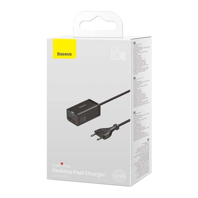 Carregador Baseus GaN3 Pro telemóvel tablet preto AC interior 15V 3A