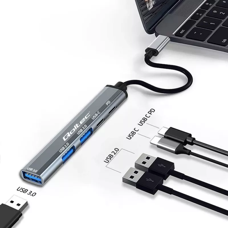 Qoltec 53790 Hub adaptador USB-C 3.1 5em1 | USB-C PD | USB-C | 2x USB 2.0 | USB 3.0