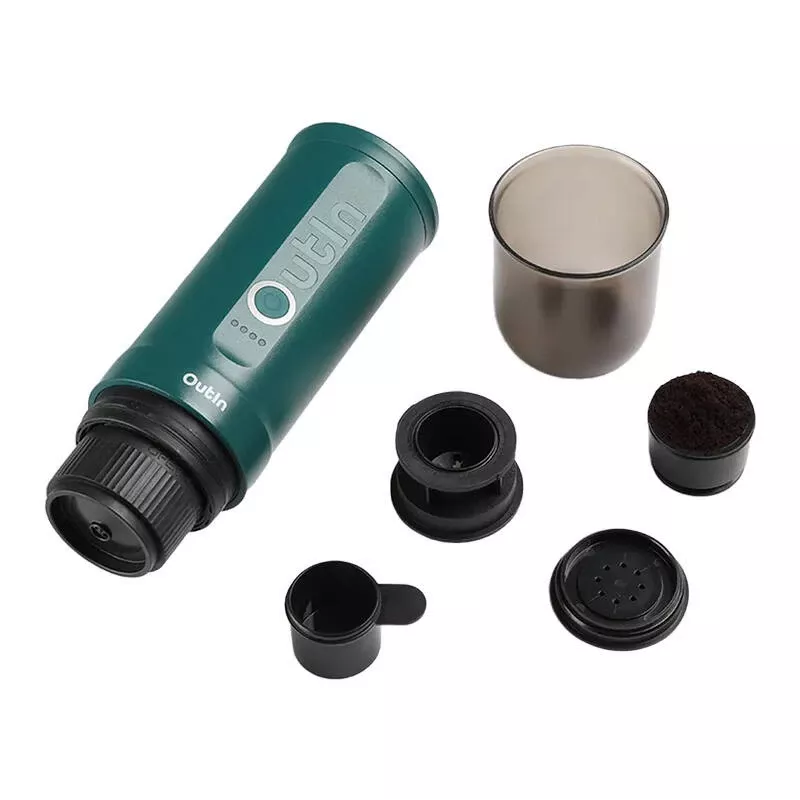 OUTIN Nano OTEM-01 máquina de espresso portátil, 20 bar, 7500 mAh, café moído/cápsulas, 0,67 kg, preto/turquesa