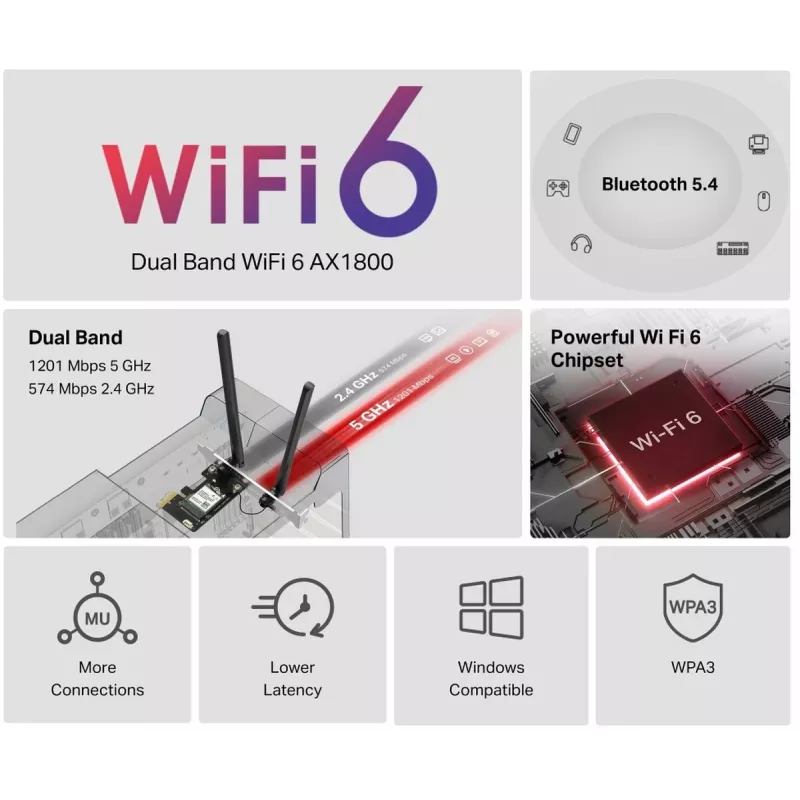 Mercusys MA70XE AX1800 Wi-Fi 6 Bluetooth adaptador PCI Express, dual band