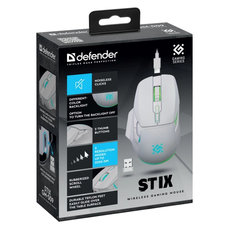 Rato sem fios DEFENDER Stix GM-009 RF — ótico 3200 DPI, 6 botões, ambidestro, USB RF, a pilhas, branco