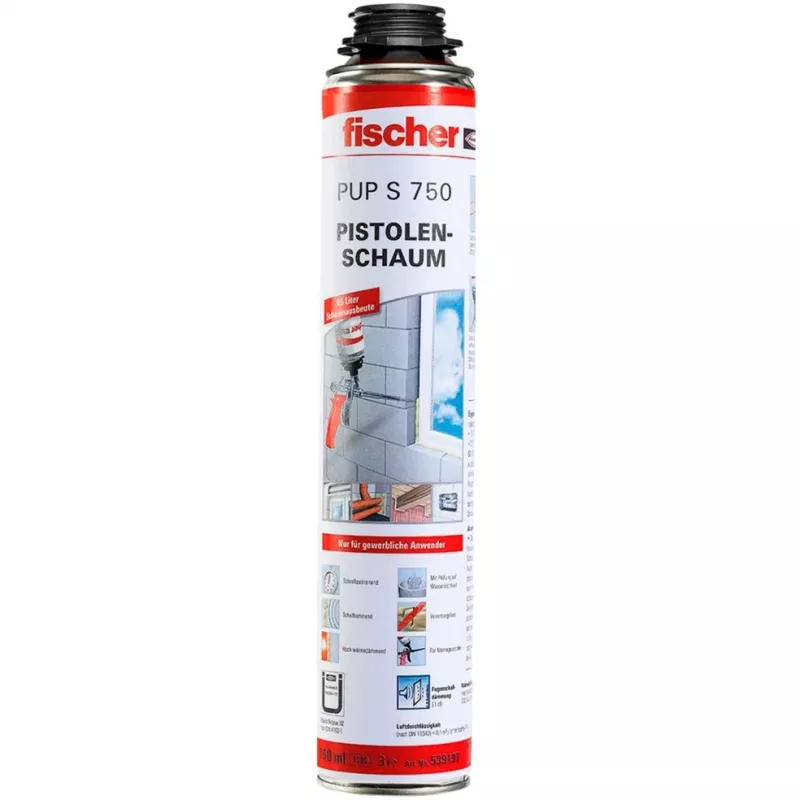 Pistola de espuma metálica FISCHER PUPM 4 Preta com 4x PUP S 750 B2 espuma de pistola — Conjunto de pistolas de espuma de construção metálicas