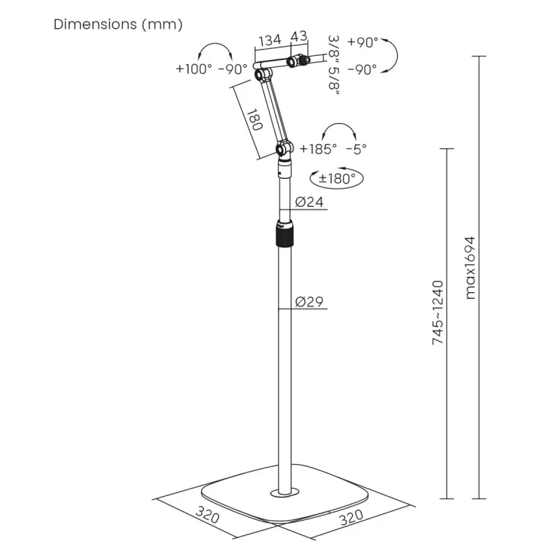 Suporte de microfone MACLEAN MC-337 ajustável em altura 626–1694 mm, capacidade de carga 1 kg