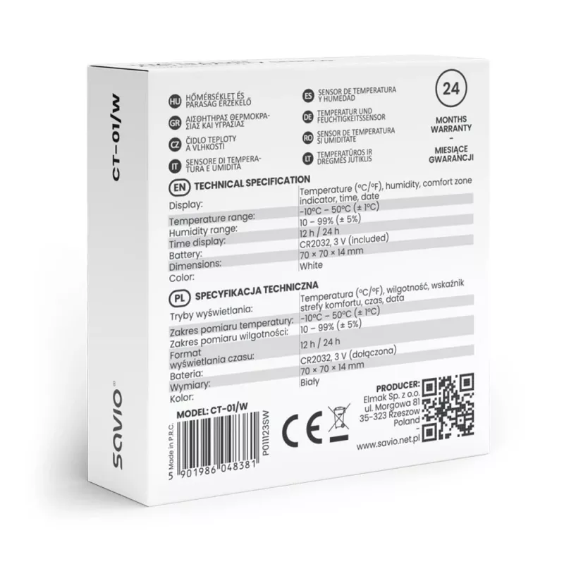 Sensor de temperatura e humidade interior SAVIO CT-01/W, ecrã LCD, -10–55 °C, 10–99 % HR, pilha CR2032