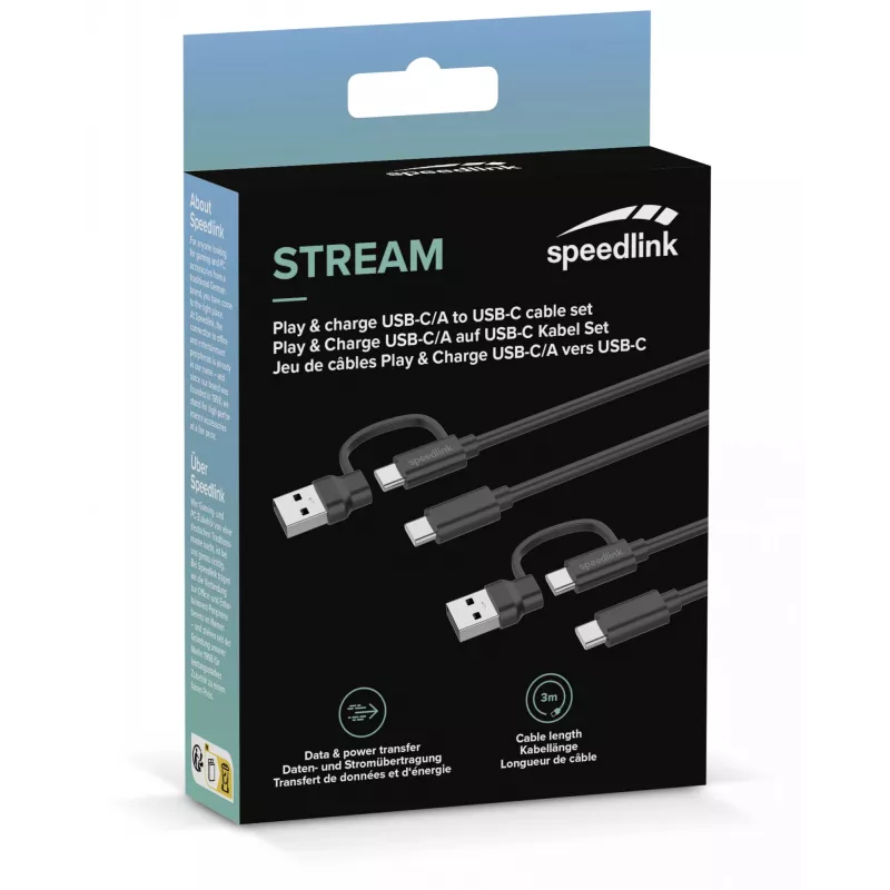 Cabo USB 3.2 Gen 1 (3.1 Gen 1) Speedlink SL-460101-BK, 3 m, USB A/USB C para USB C, preto