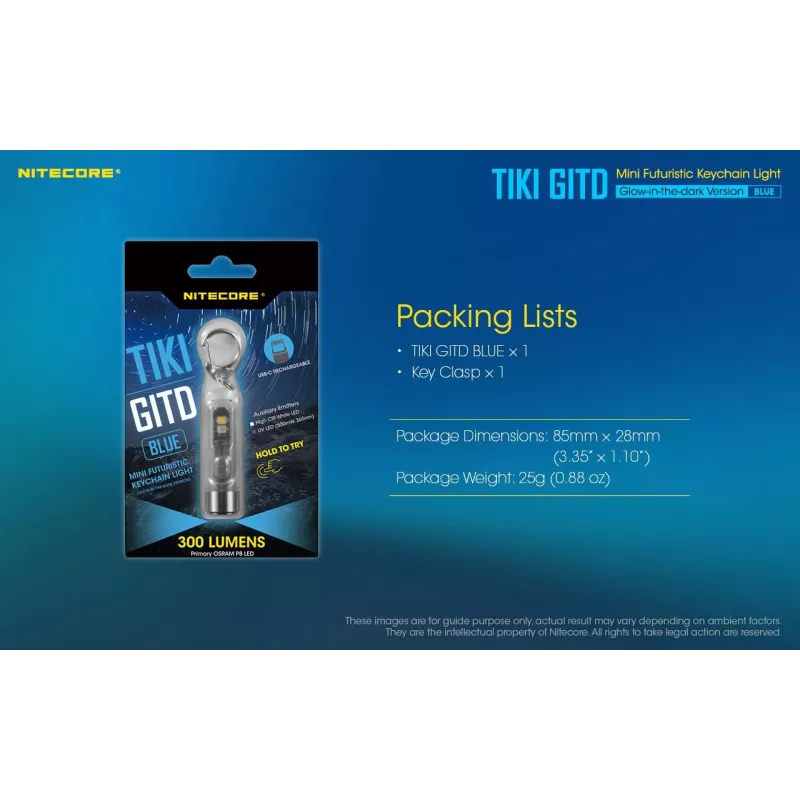 Nitecore TIKI GITD BLUE lanterna, série T, 300 lúmenes