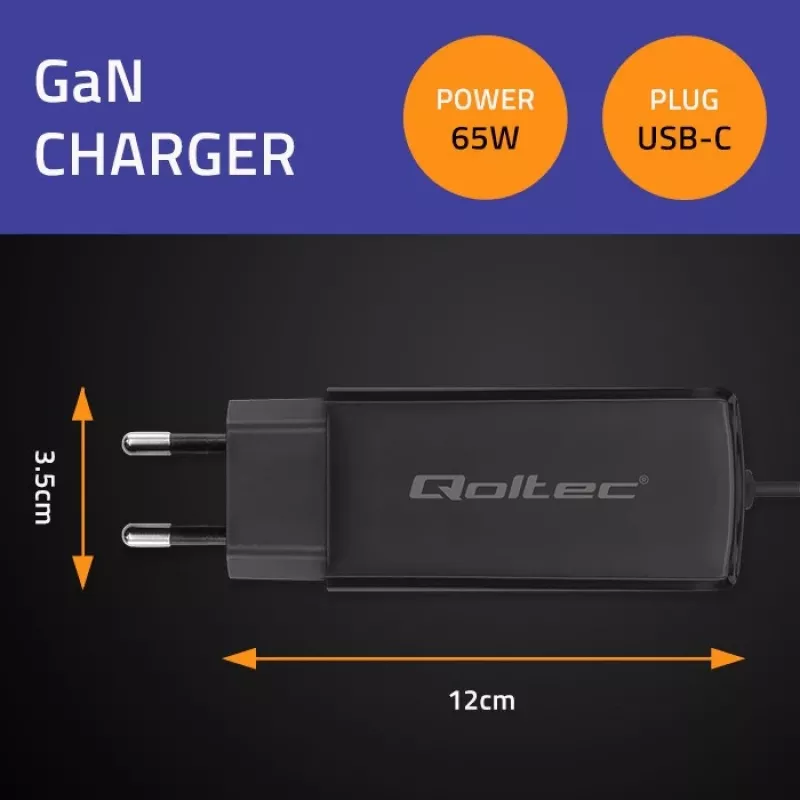 Carregador de portátil GaN QOLTEC 52419 65 W USB-C PD 5 V/20 V 3 A/3,25 A, 220–240 V, cabo 1,8 m, preto