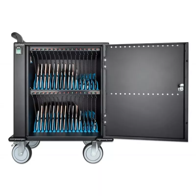 Carrinho de carregamento/trolley Manhattan 32 vias via USB-C para iPad até 13 polegadas, MacBook Air até 13 polegadas e Chromebook até 14 polegadas, também outros tablets/smartphones (com cabo dispositivo-para-USB-C), compartimentos 330x22x235 mm, cabo de carregamento do dispositivo não incluído (recomendado cabo USB-C 35