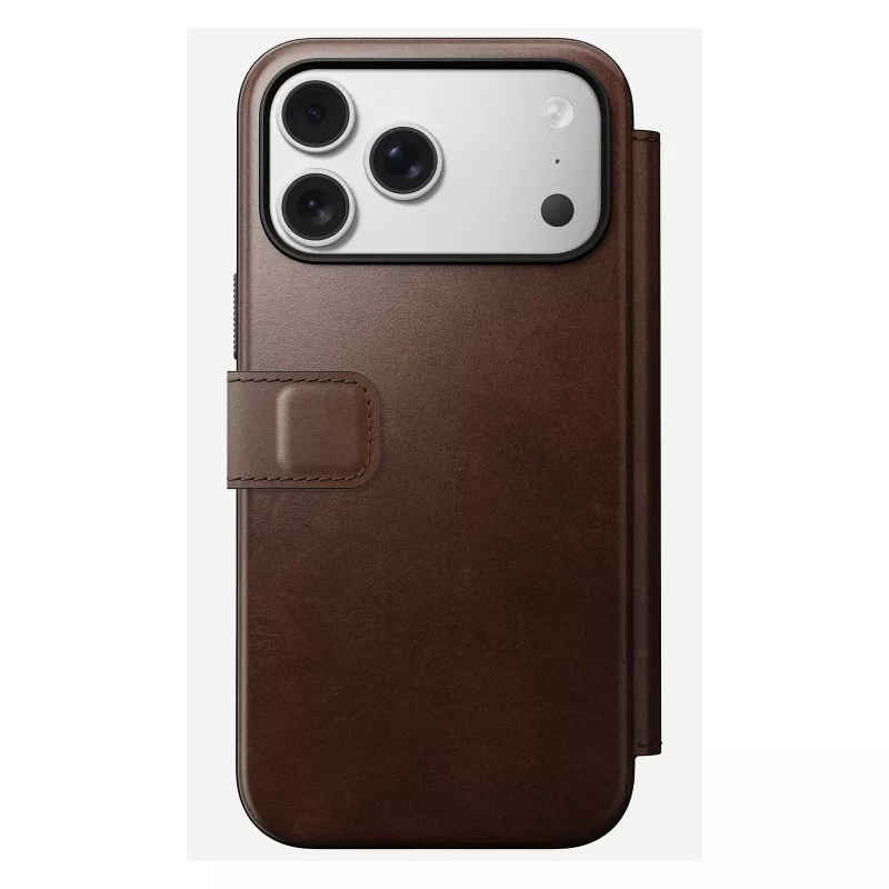 Capa para telemóvel tipo carteira Nomad Modern Leather Folio para iPhone 17 Pro Max — castanha, pele, ecrã de 6,3 polegadas, 4 compartimentos para cartões