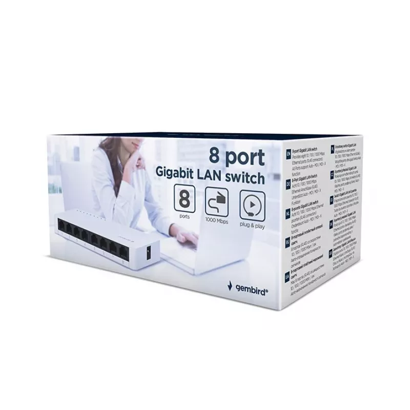 Switch não gerido GEMBIRD NSW-G8-01 – 8× Gigabit Ethernet (10/100/1000), branco, DC 5V