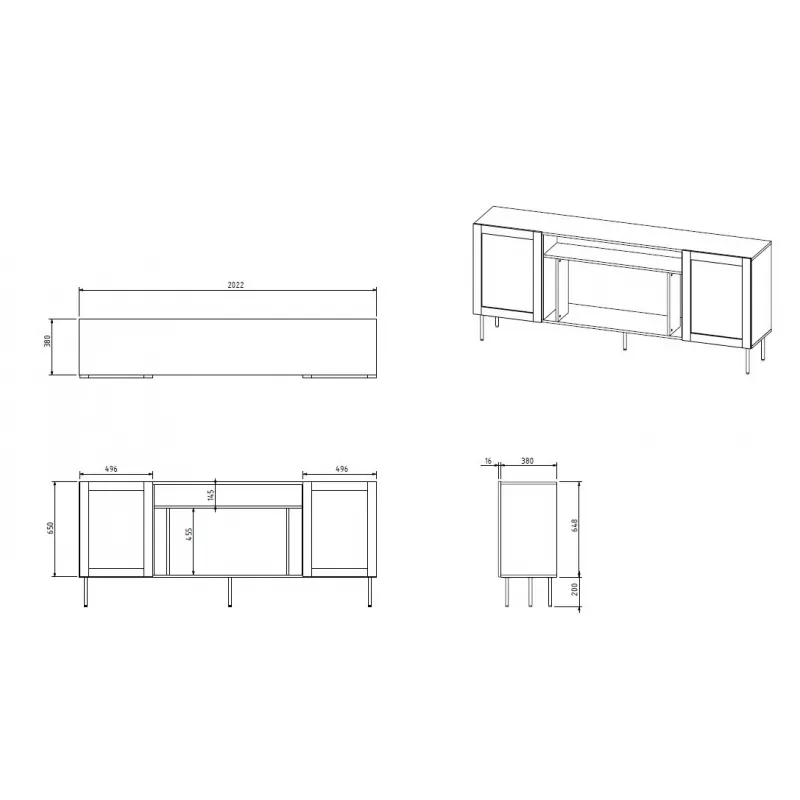 Cómoda JUTA EF + lareira elétrica 202x39.5x85 preto + linóleo calabria
