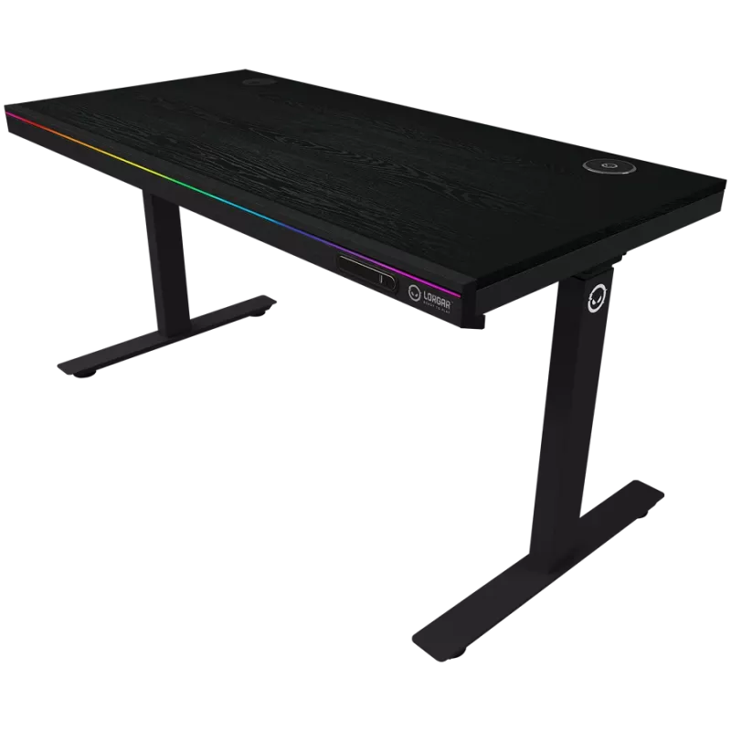 Secretária gaming de altura ajustável com motor duplo, carregador sem fios, iluminação RGB, painel de controlo e portas USB, tampo com superfície de melamina PB, preto