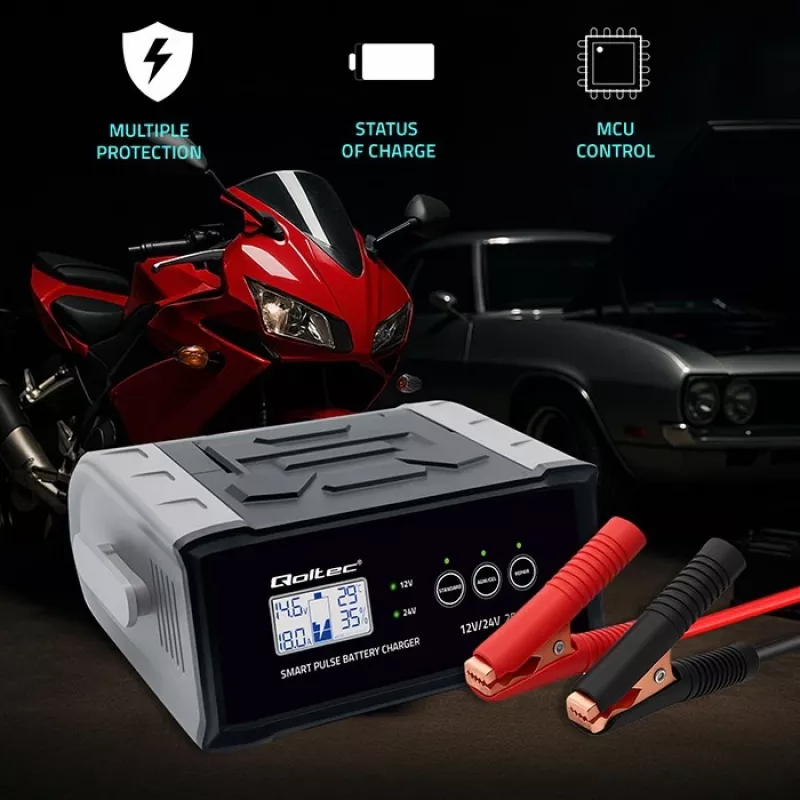 Carregador de bateria QOLTEC 52514 — 12V/24V, 25A, para baterias AGM/GEL/SLA com visor LCD