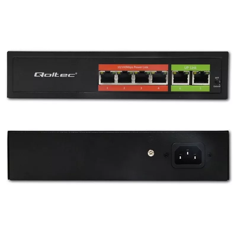 Switch Ethernet PoE QOLTEC 52289 — 4x portas RJ45 PoE, 2x RJ45 uplink, orçamento PoE 65W