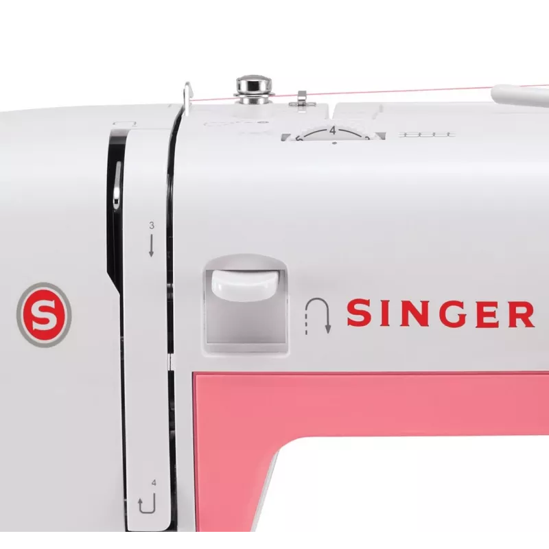 Singer Simple 3210 máquina de costura automática, eletromecânica, 10 pontos, casa de botão em 4 passos, braço livre, 85 W, branca/rosa