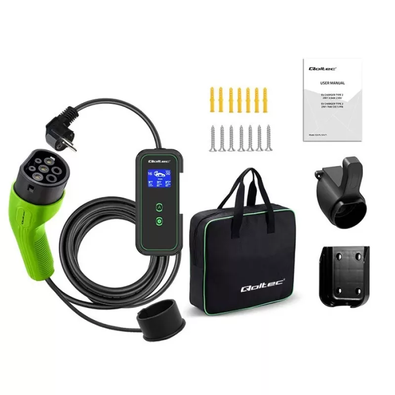 Carregador móvel para carro elétrico Qoltec ajustável 2em1 Type2 | 3,5kW | 230V | Wi-Fi | LCD | portátil | wallbox | 5m