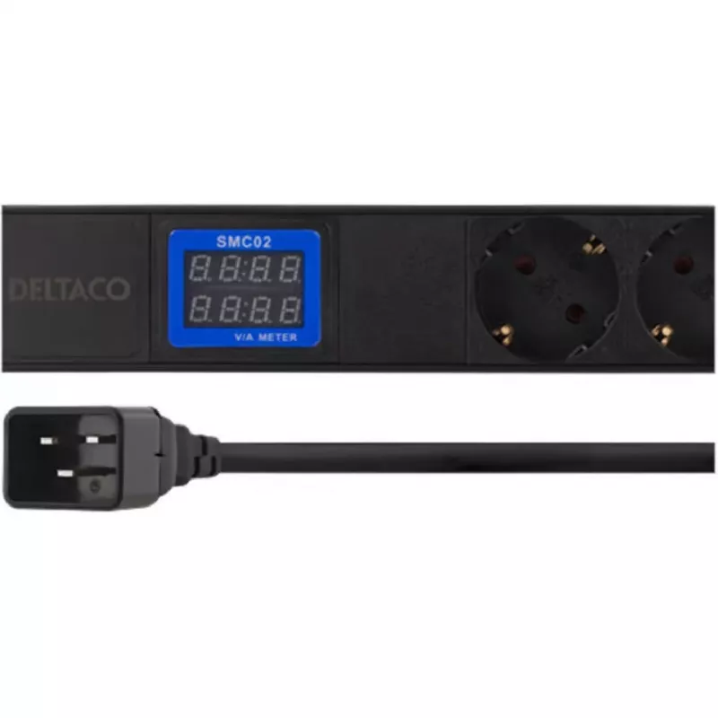 Unidade de distribuição de energia PowerWalker 10133010 PDU 1U preta, tomadas Type-F, conector fêmea C20, 16 A, 3500 W, cabo de 2 m