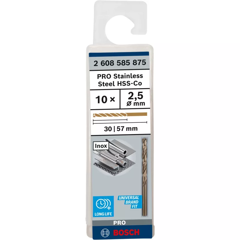 Bosch 2 608 585 875 PRO Stainless Steel HSS-Co brocas helicoidais, Ø 2,5 mm, comprimento útil 30 mm, haste cilíndrica, 10 un.