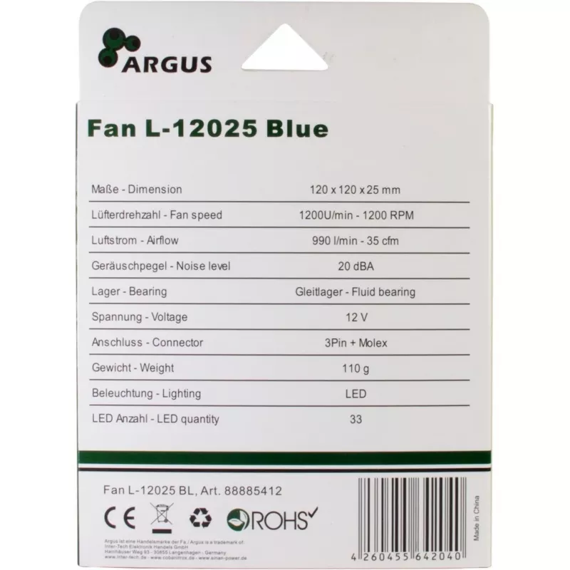 INTER-TECH Argus L-12025 ventoinha para caixa 120mm com LED azul
